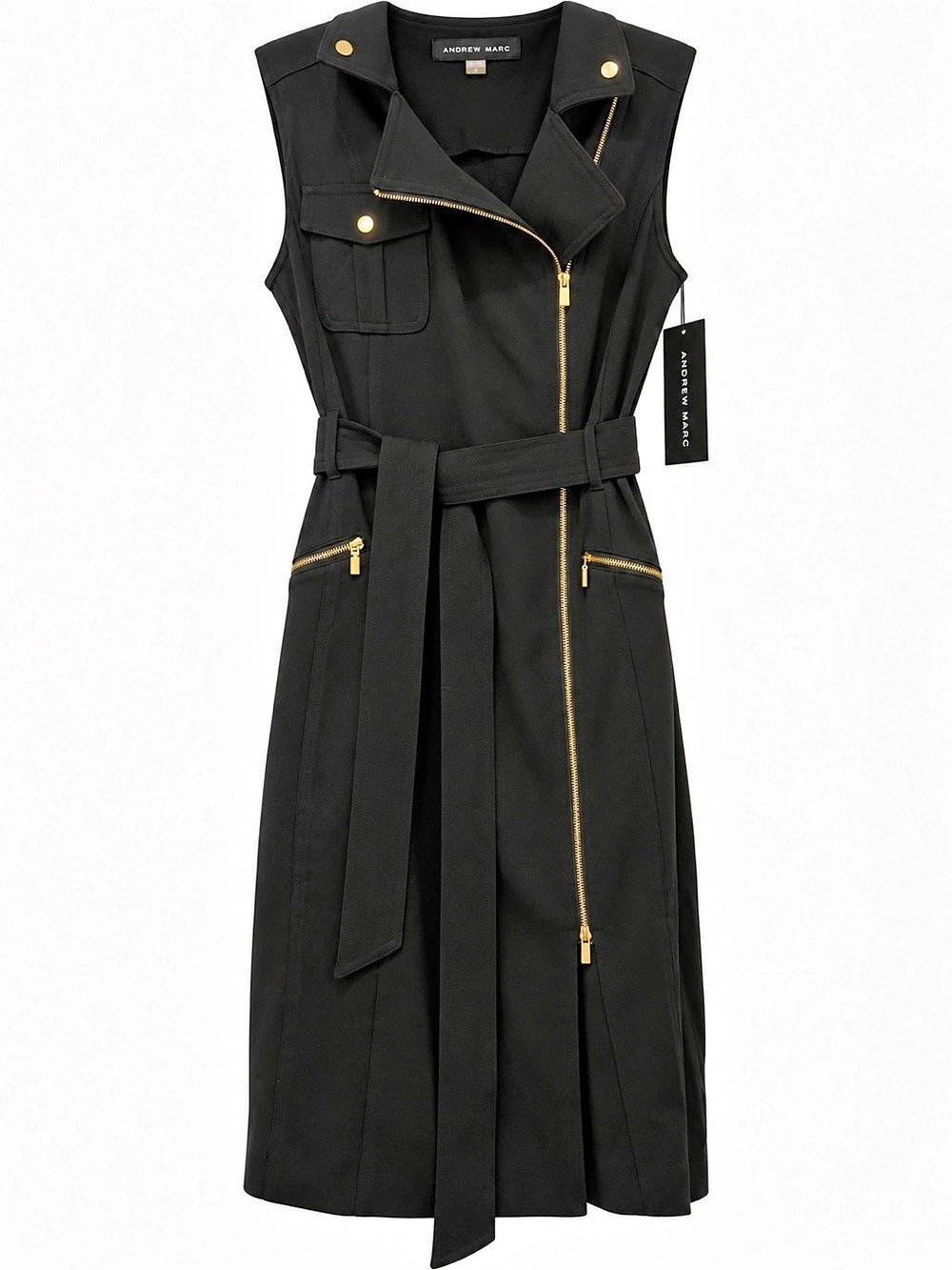 Andrew Marc Black Sleeveless Moto Utility Vest Dress Belted Size 12